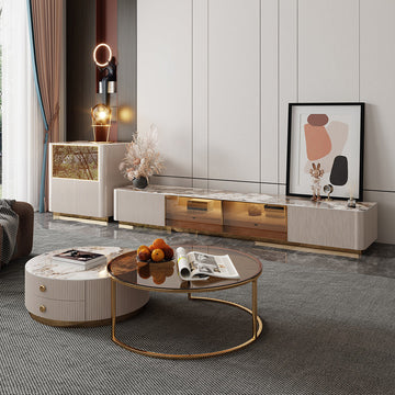 Modern Round Coffee Table Set Sintered Stone with 2 Drawers & Metal Legs